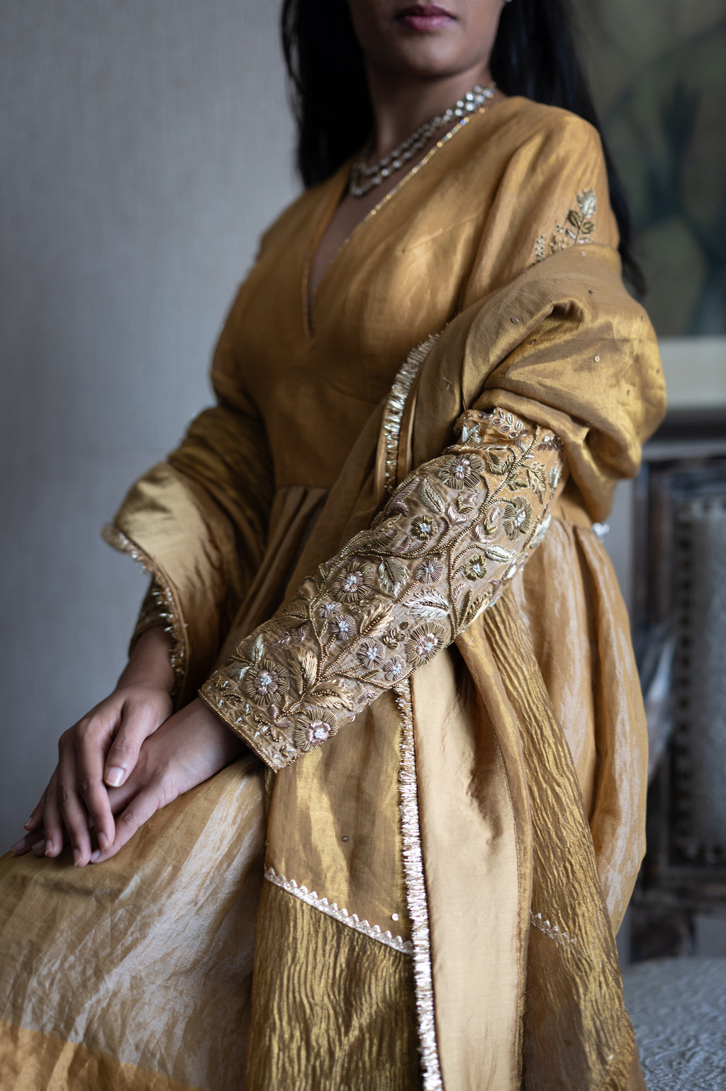 Maxi Dress in Half & Half Copper gold & silver Tissue with Embroidered Sleeves