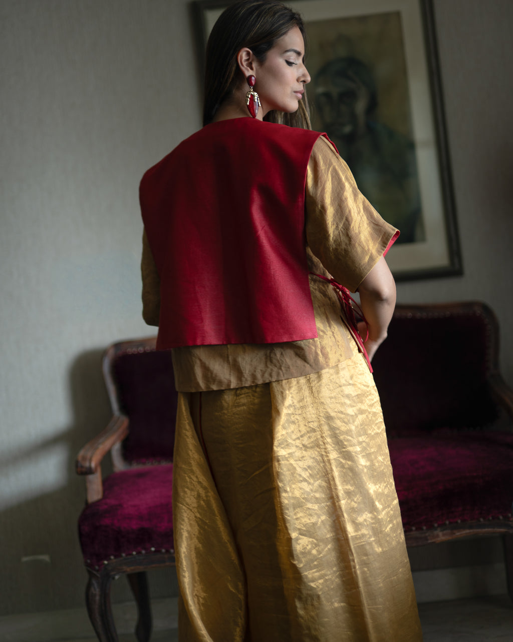 Rajkumari Tabard in Red Chanderi with Gold Crushed Shirt