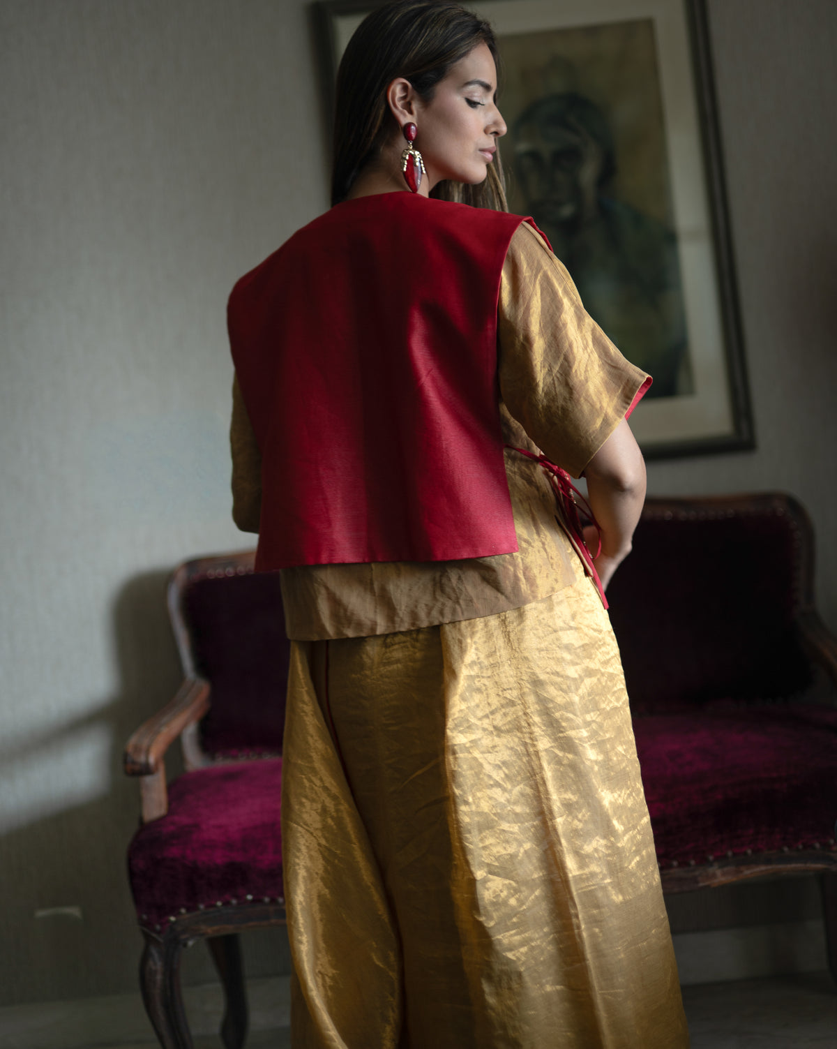 Rajkumari Tabard in Red Chanderi with Gold Crushed Shirt