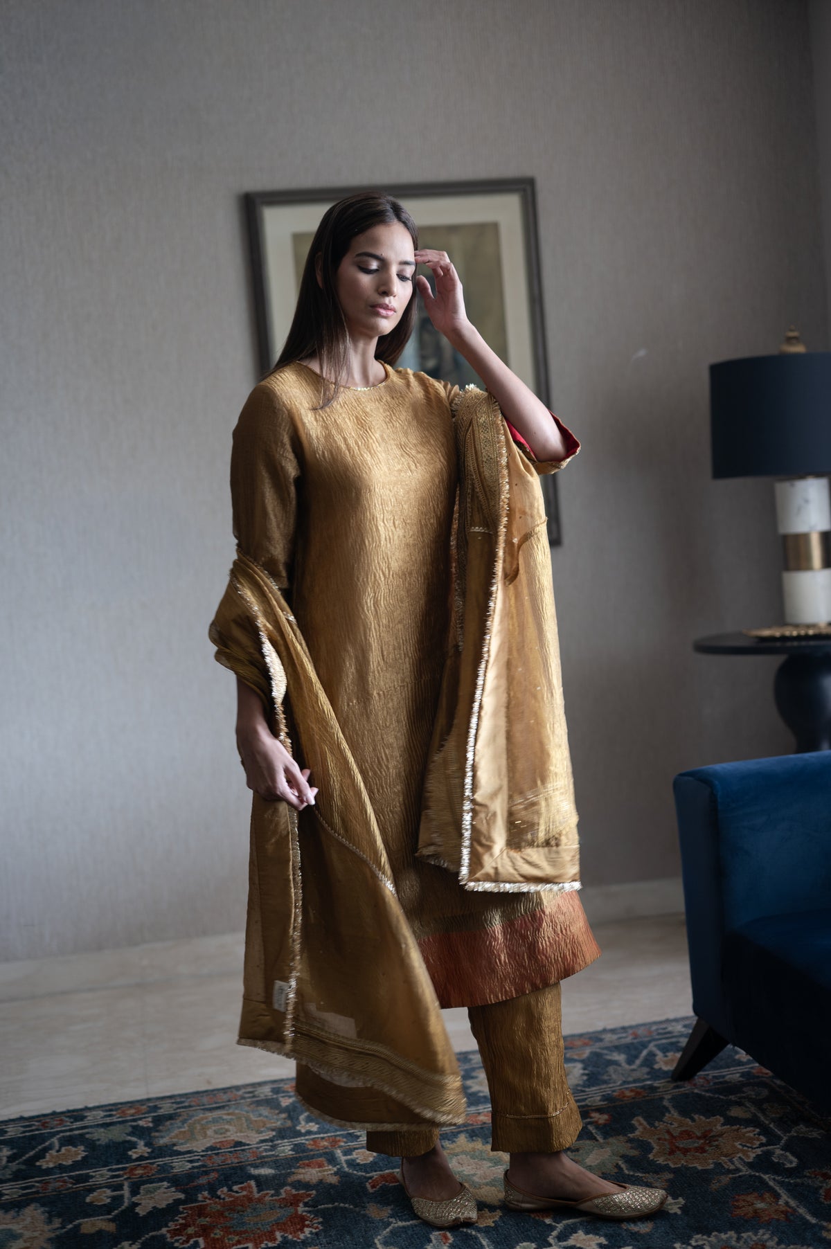 Sunhera Anu Kurta in Gold Crushed Tissue with Gold Crushed Tissue Pant