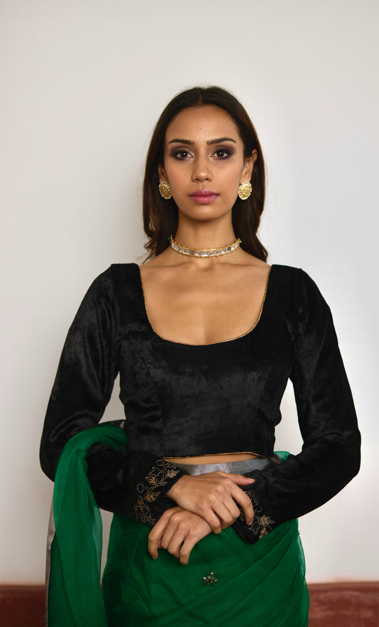 Deep U Neck Blouse in Black Velvet