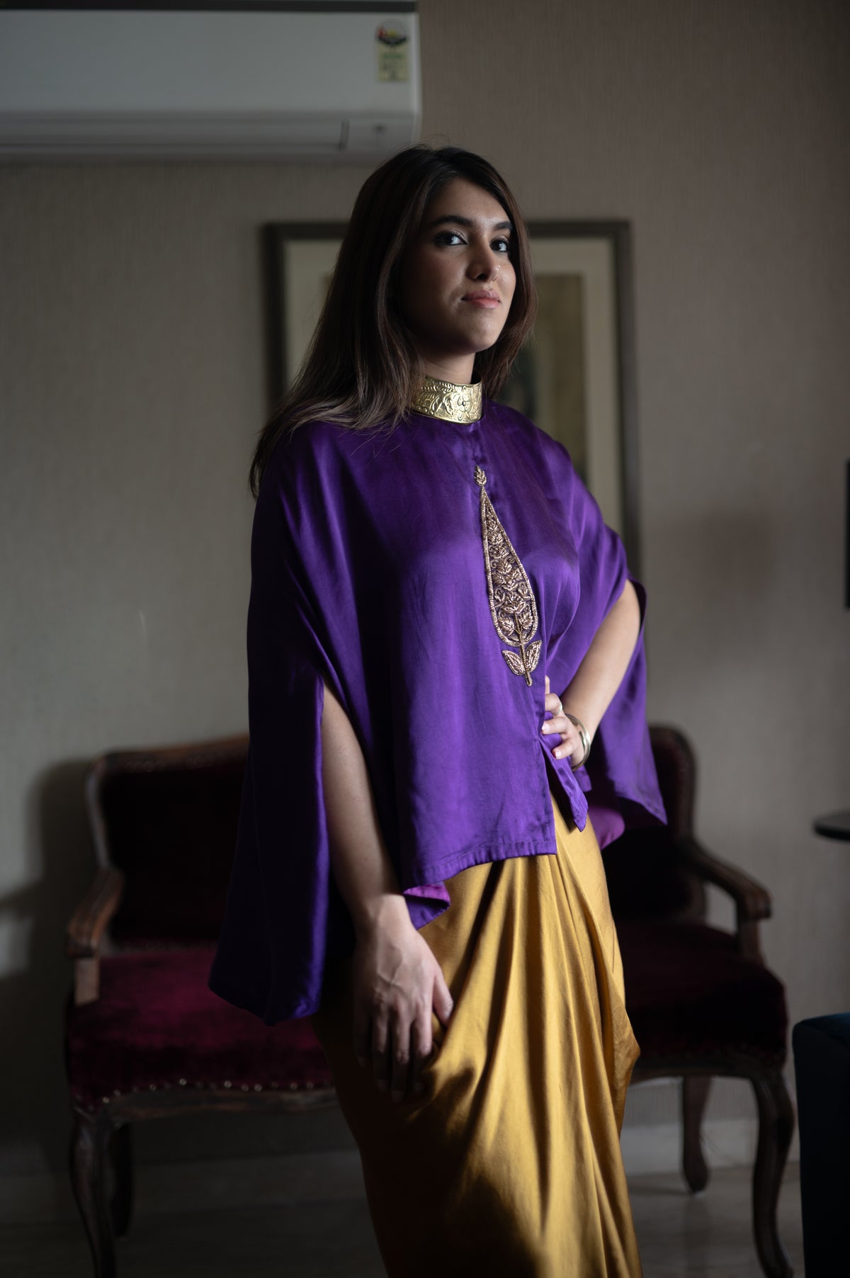 Turki Cape in purple silk with Gold Cowl Skirt