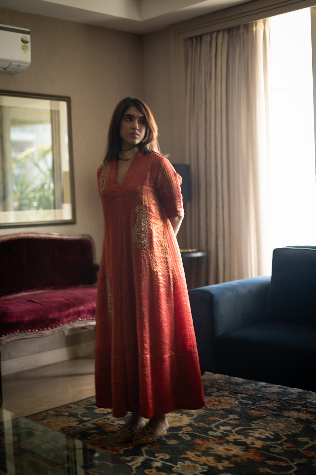 Sashiko Anarkali Dress in Red Sameena Tissue stripe