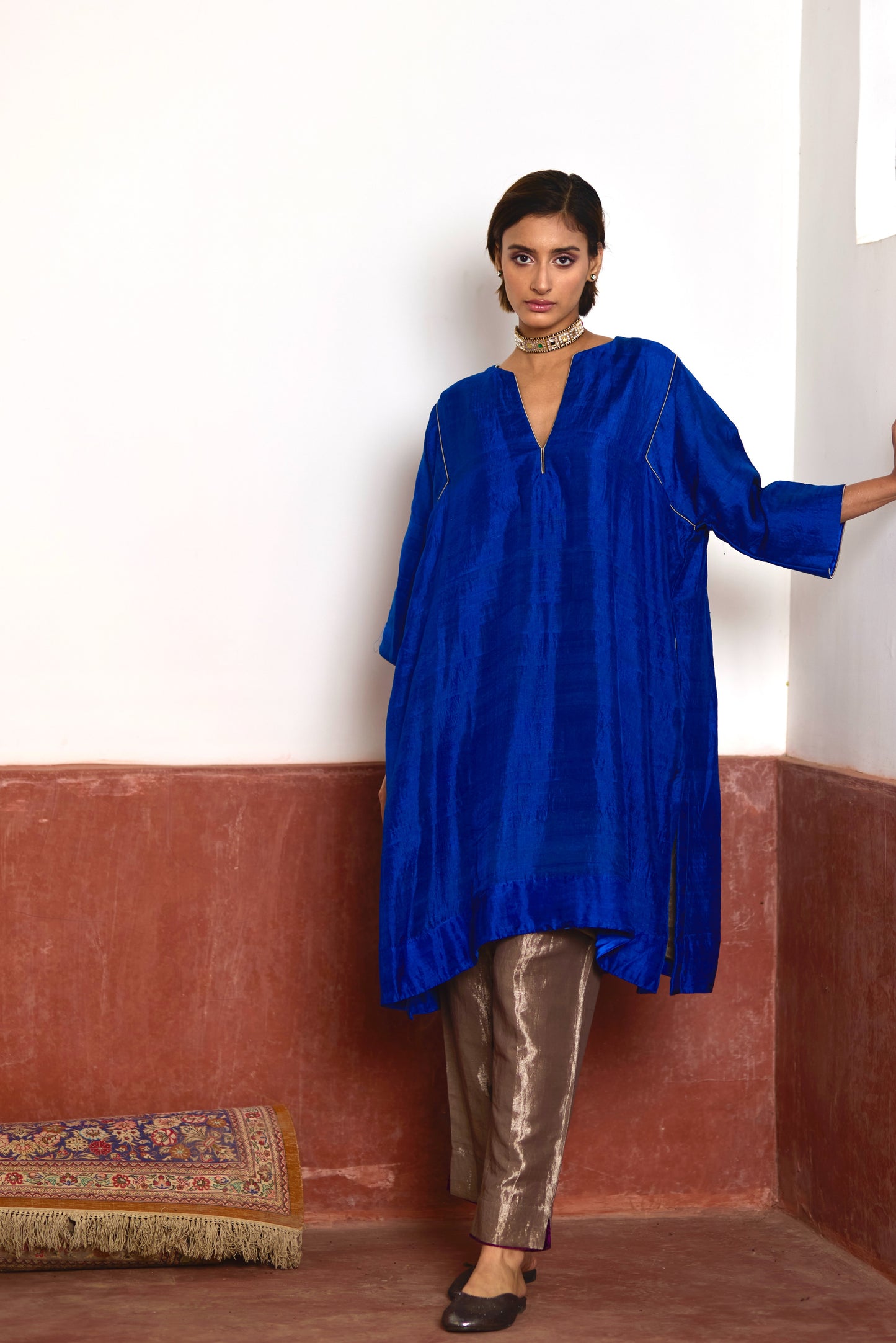 Jhabla Kurta in Blue Silk with Silver Tissue Pant