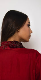 Sashiko Kurta in Red Silk with Purple Pant