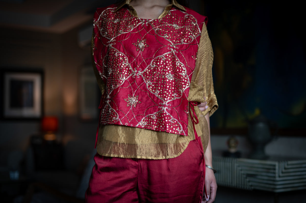 Rajkumari Tabard in Red Chanderi with Gold Crushed Shirt