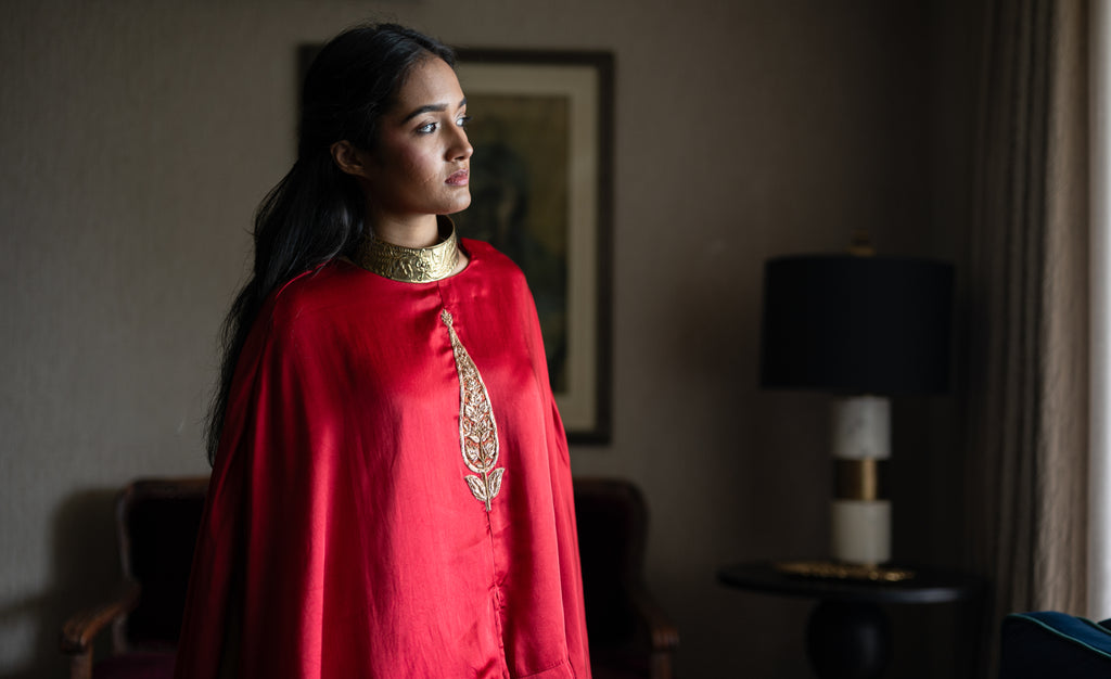 Turki Cape in Red Silk with Cowl skirt in Gold Silk