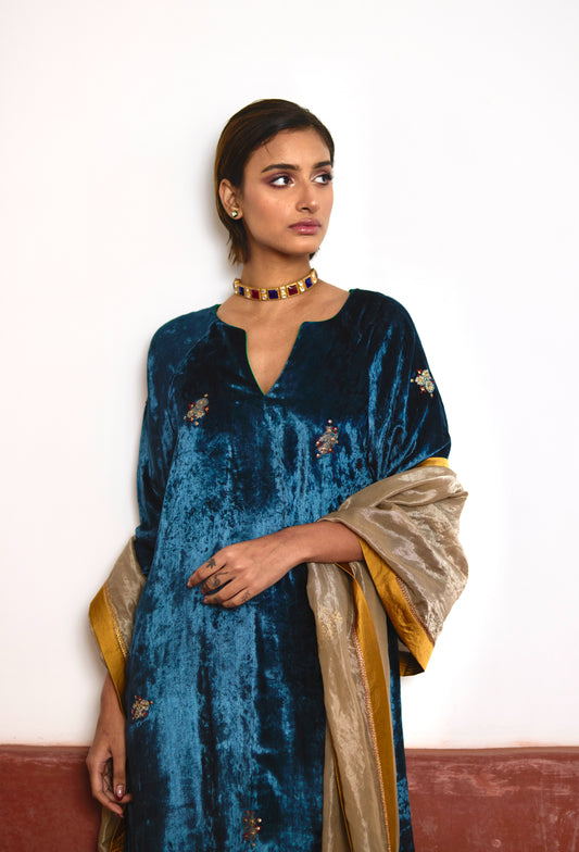 MD Kurta in Teal Velvet with Green Velvet Salwar