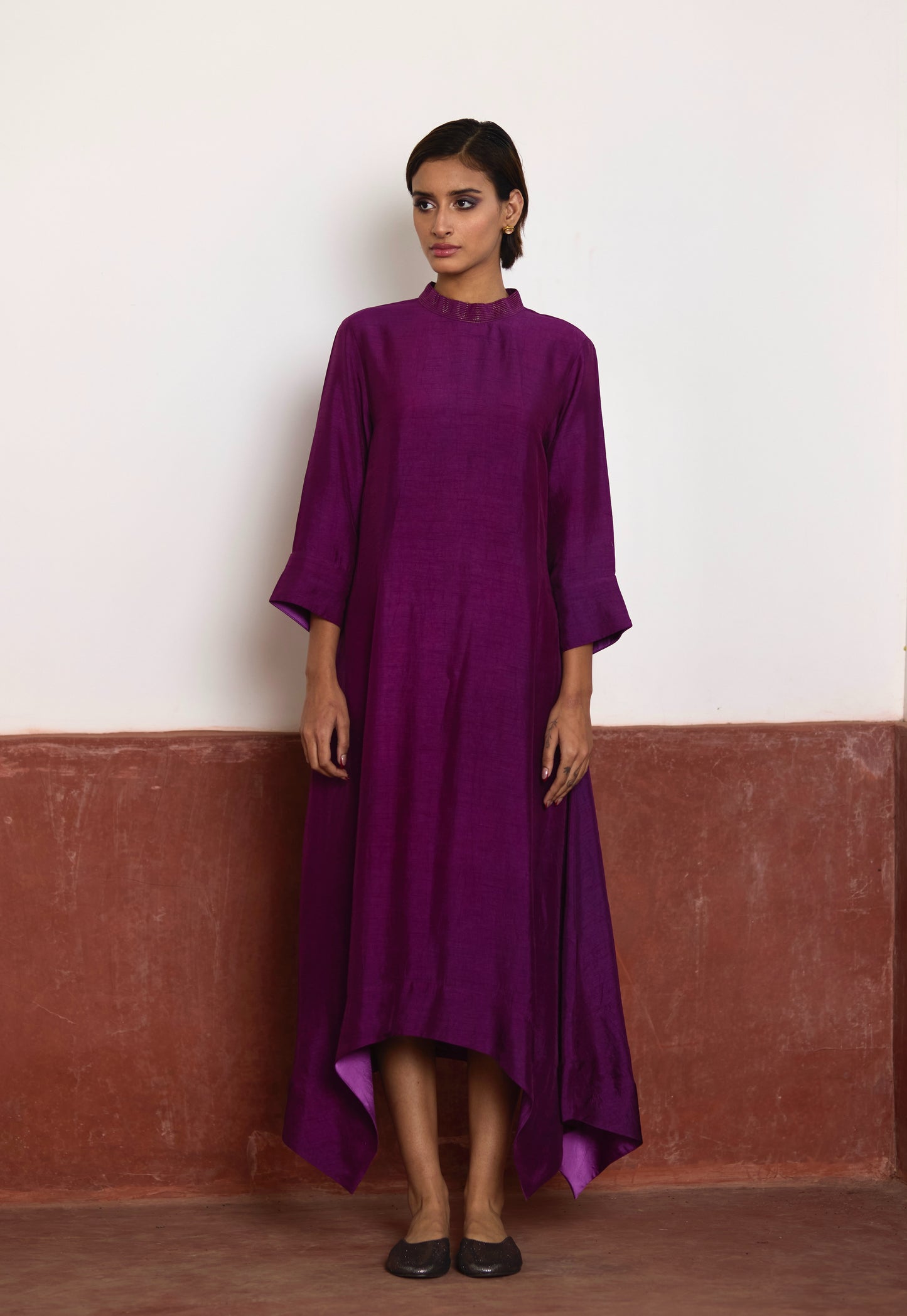 Asymmetrical Dress in Purple Silk with Purple Brocade Sally Jacket
