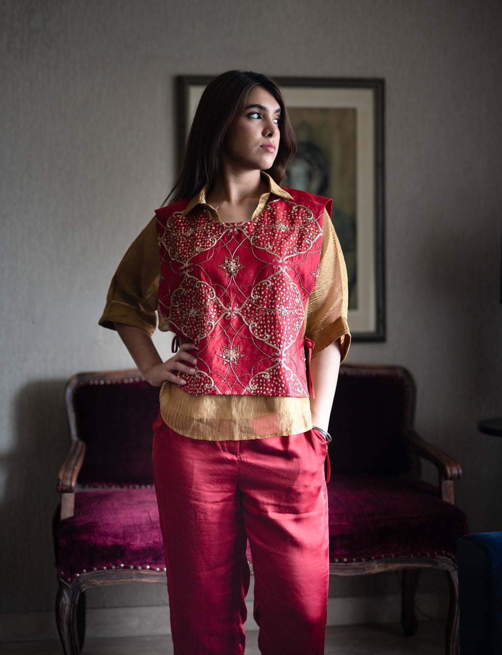 Rajkumari Tabard in Red Chanderi with Gold Crushed Shirt