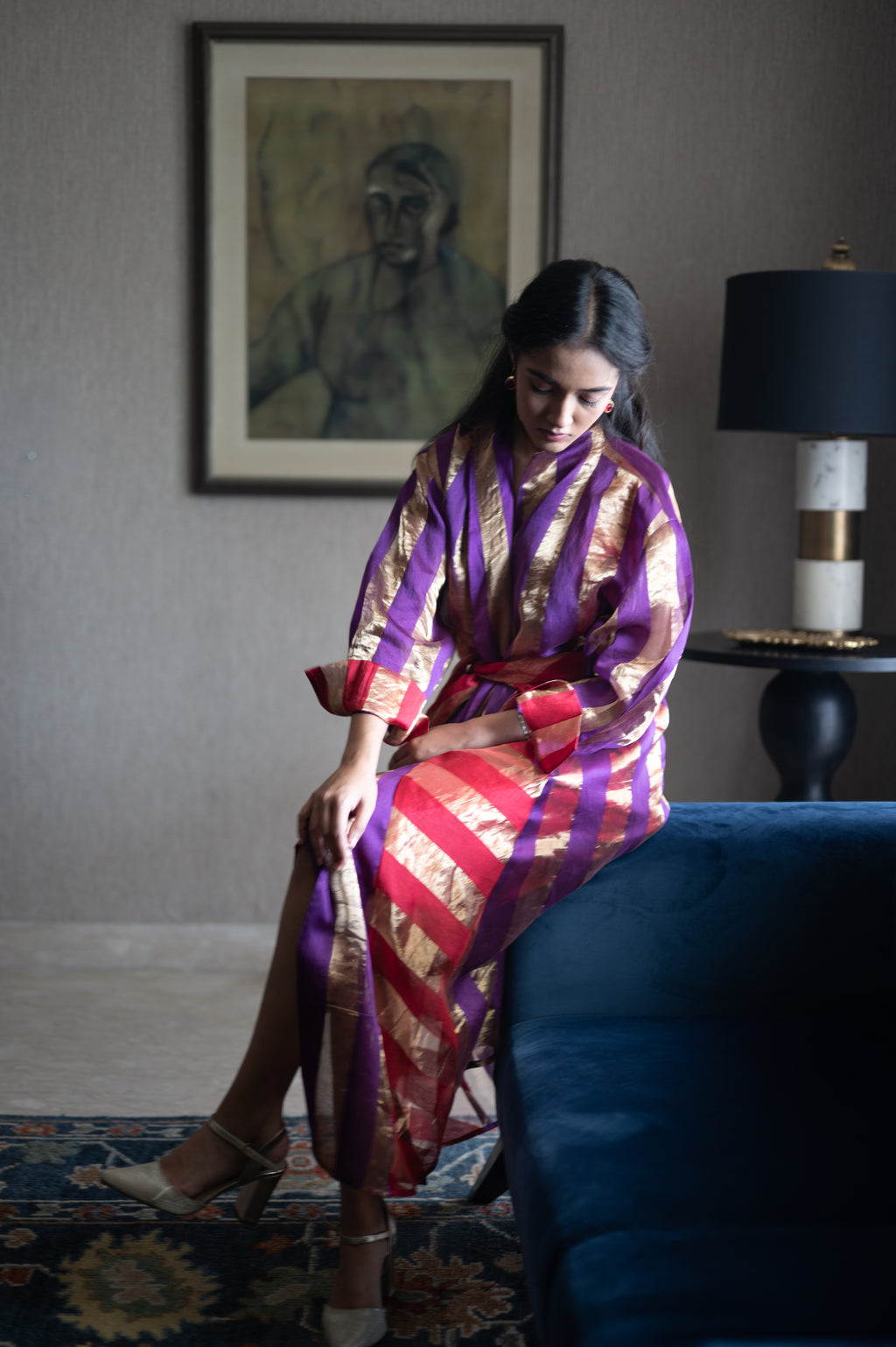 Ayesha Dress in Chanderi Stripe with Red Satin Slip