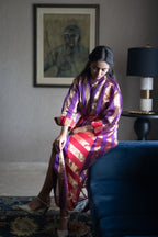 Ayesha Dress in Chanderi Stripe with Red Satin Slip