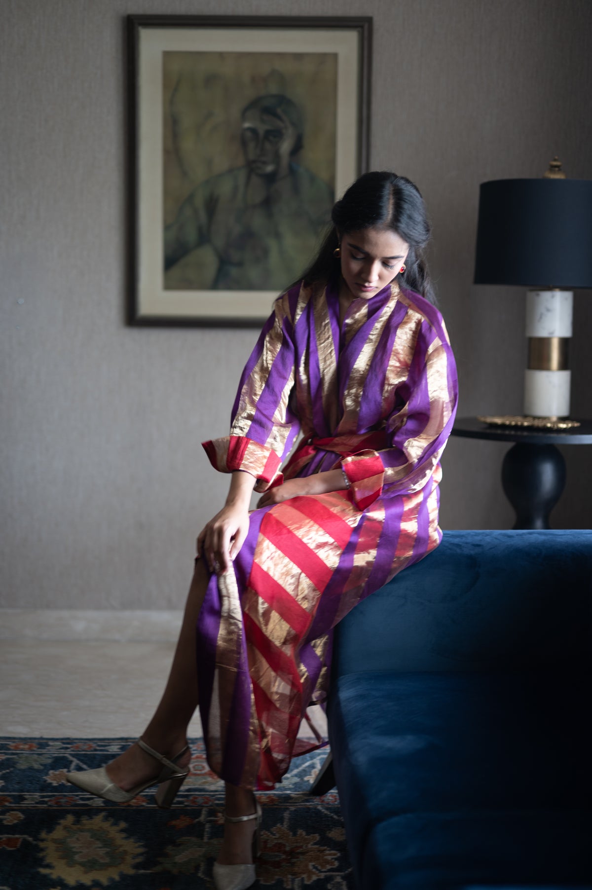 Ayesha Dress in Chanderi Stripe with Red Satin Slip