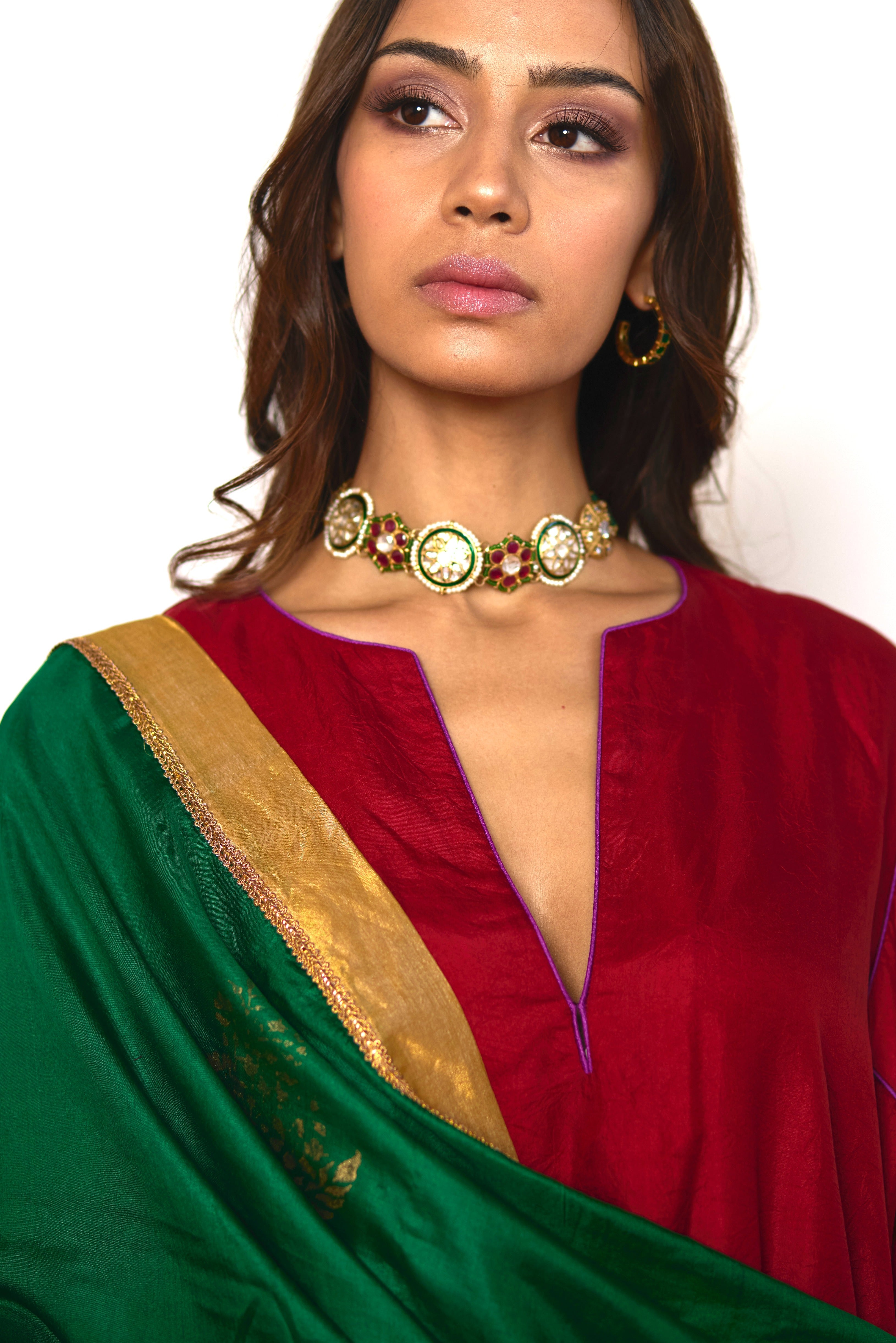 Silk Dupatta in Green with block printing