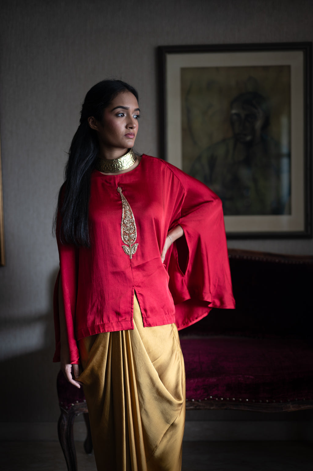 Turki Cape in Red Silk with Cowl skirt in Gold Silk