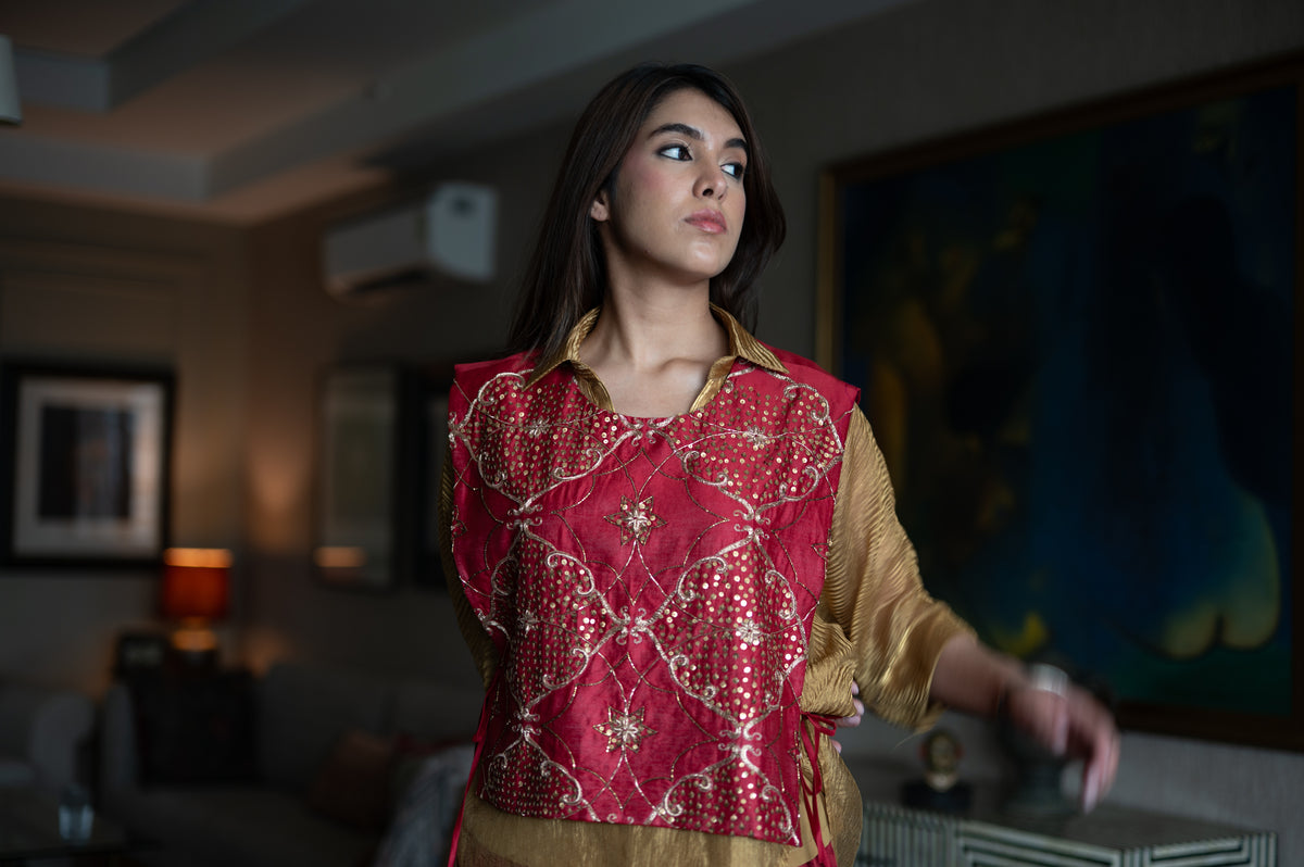 Rajkumari Tabard in Red Chanderi with Gold Crushed Shirt