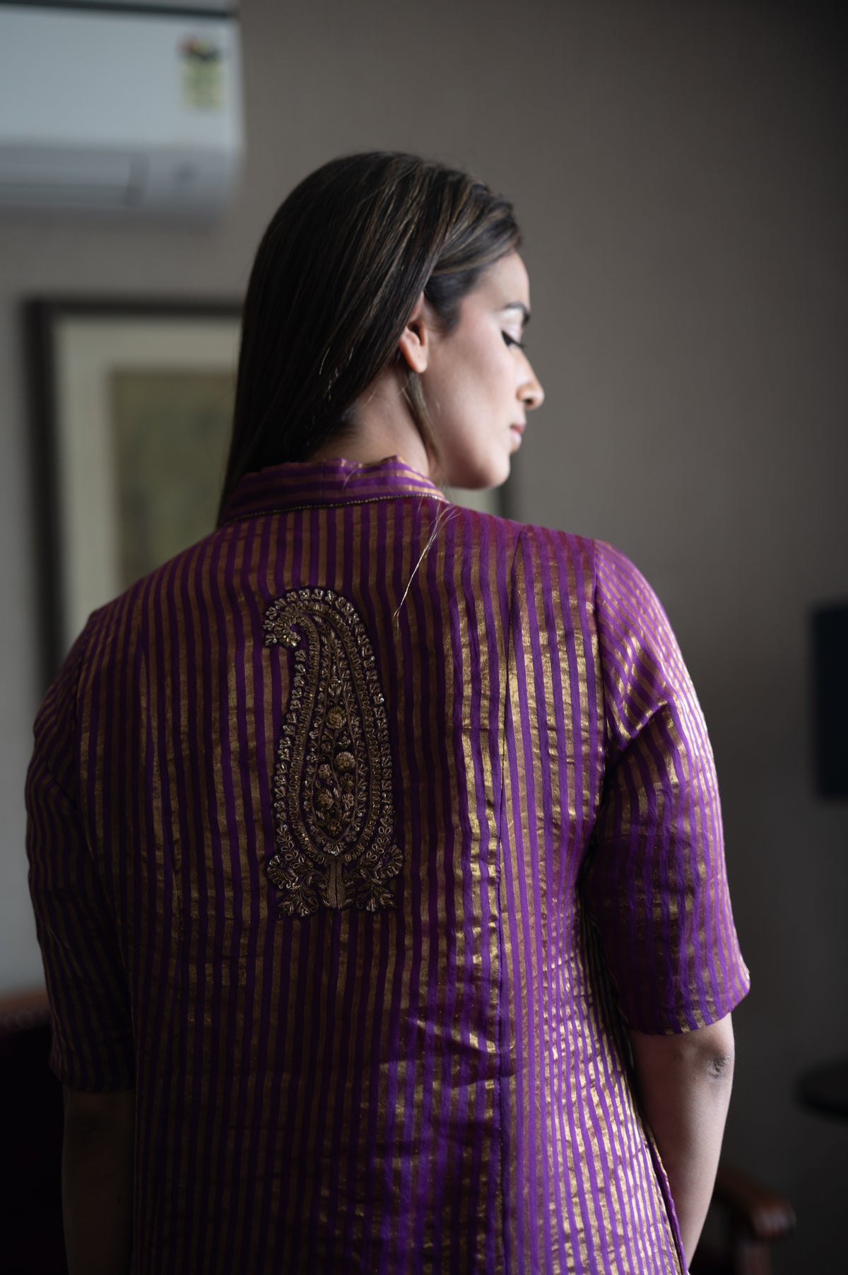 Sashiko Anarkali in Purple Sameena Tissue Stripe