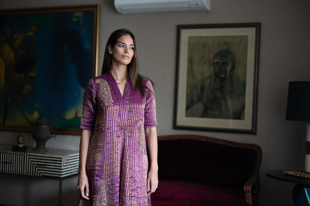 Sashiko Anarkali in Purple Sameena Tissue Stripe