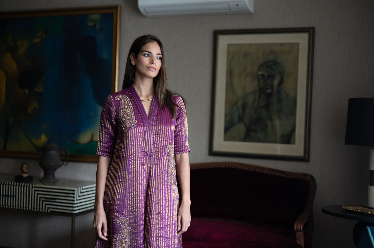 Sashiko Anarkali in Purple Sameena Tissue Stripe