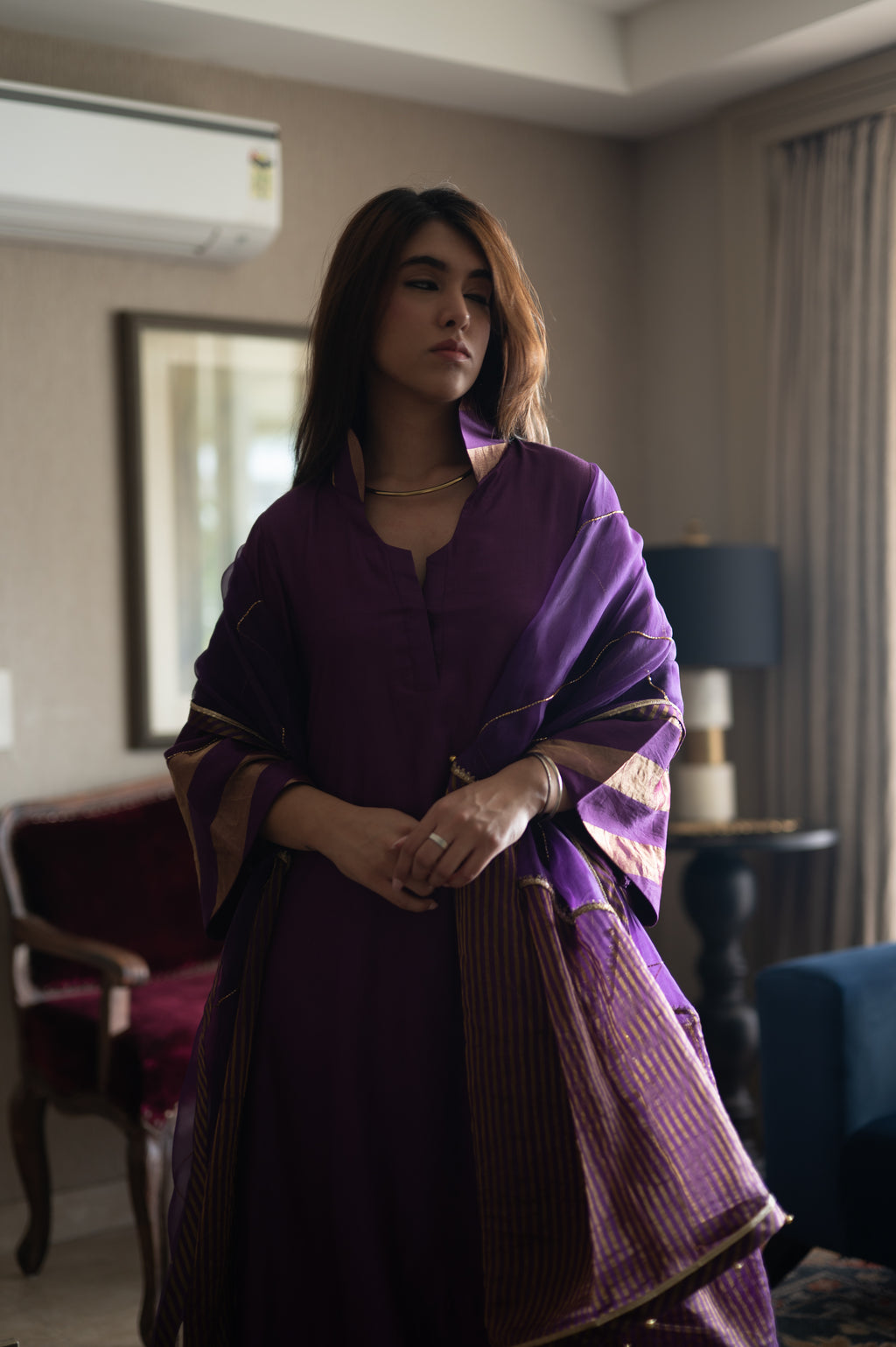 Nandini Oonch Neech in Purple Chanderi with Purple Chanderi Flared Pant