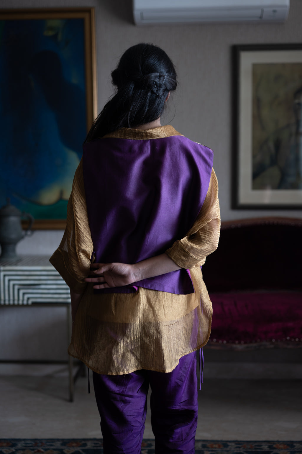 Rajkumari Tabard in Purple Chanderi with Gold Crushed Shirt
