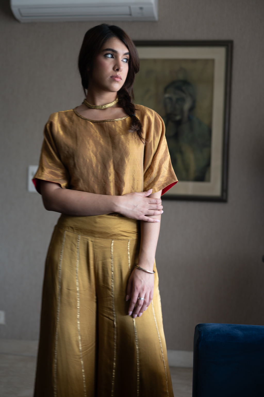 Sunheri Bandi Top in Gold Tissue with Gaara pant in Gold Satin Silk