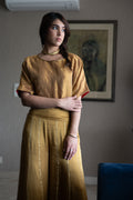 Sunheri Bandi Top in Gold Tissue with Gaara pant in Gold Satin Silk