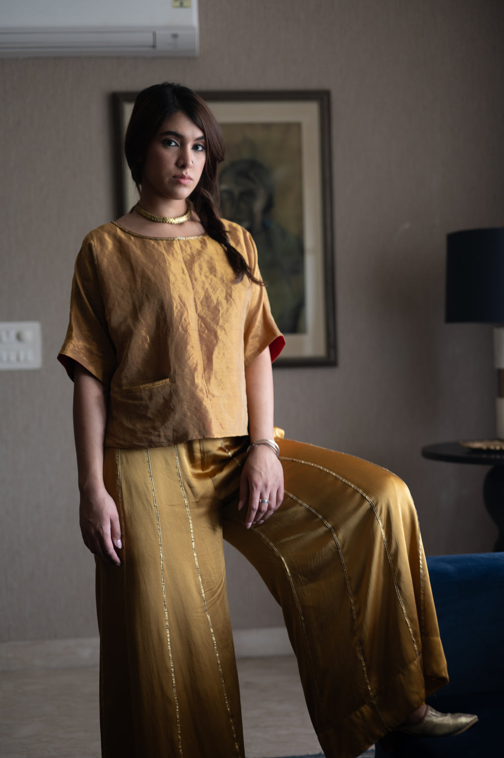 Sunheri Bandi Top in Gold Tissue with Gaara pant in Gold Satin Silk