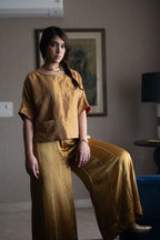 Sunheri Bandi Top in Gold Tissue with Gaara pant in Gold Satin Silk