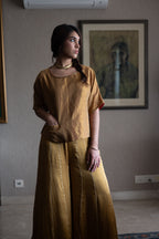 Sunheri Bandi Top in Gold Tissue with Gaara pant in Gold Satin Silk
