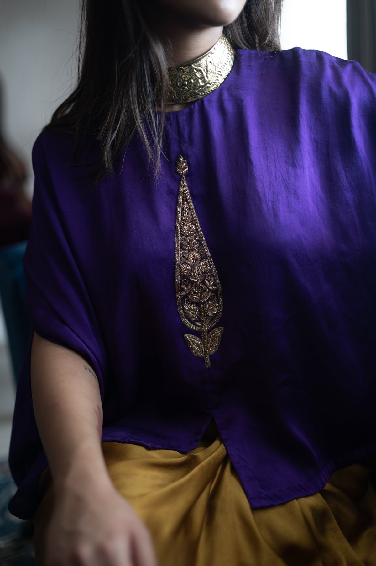 Turki Cape in purple silk with Gold Cowl Skirt