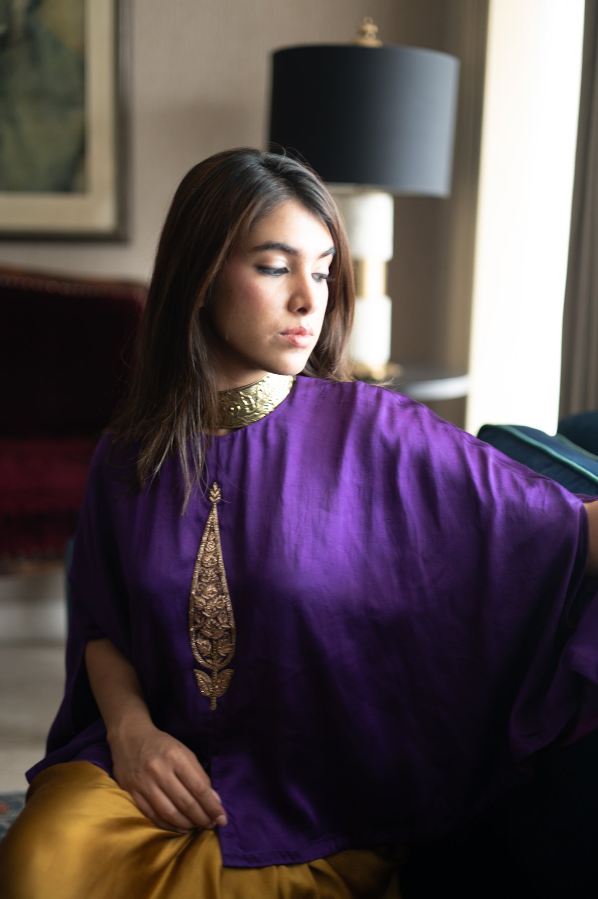 Turki Cape in purple silk with Gold Cowl Skirt