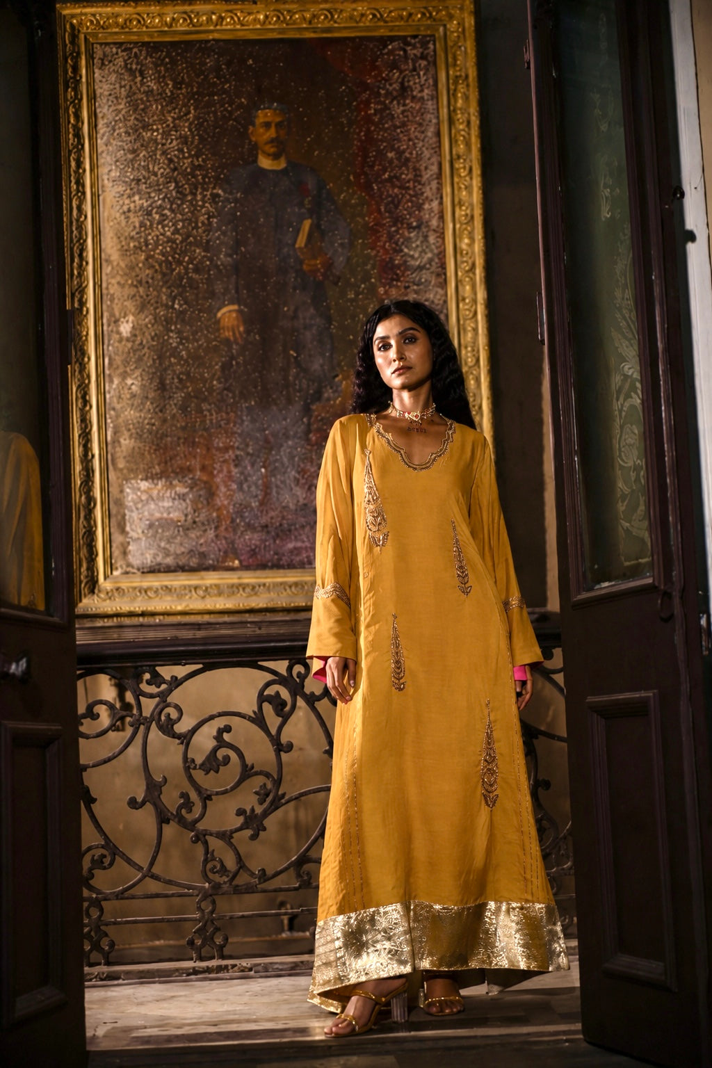 Rumi Anarkali in Cotton silk with kalis in Ochre yellow