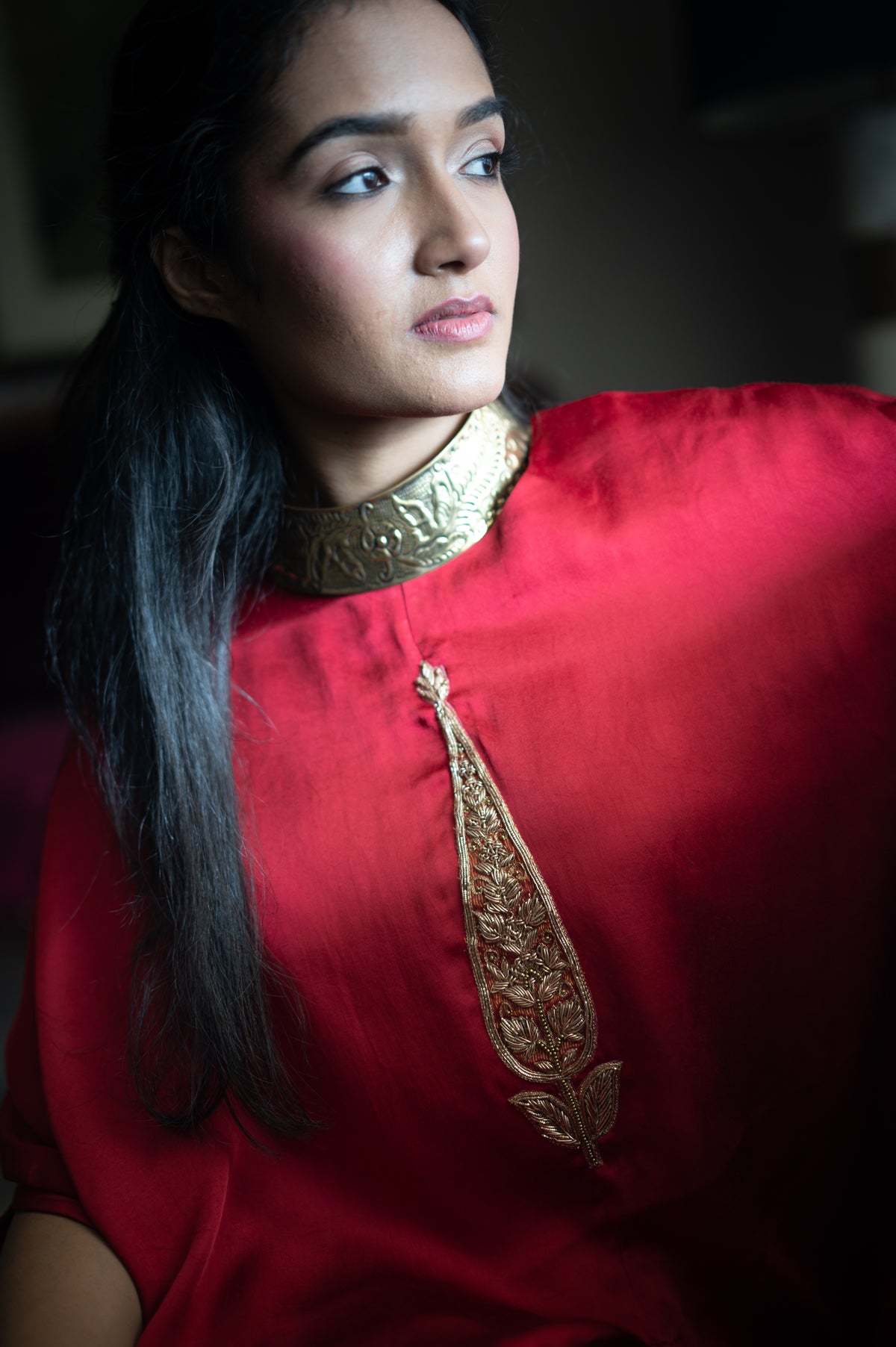 Turki Cape in Red Silk with Cowl skirt in Gold Silk