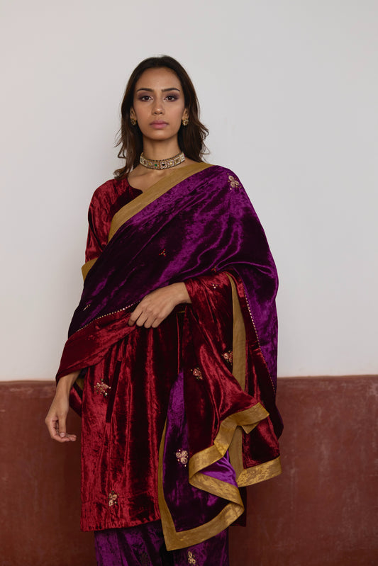 Half & Half Velvet Dupatta in Red and Purple