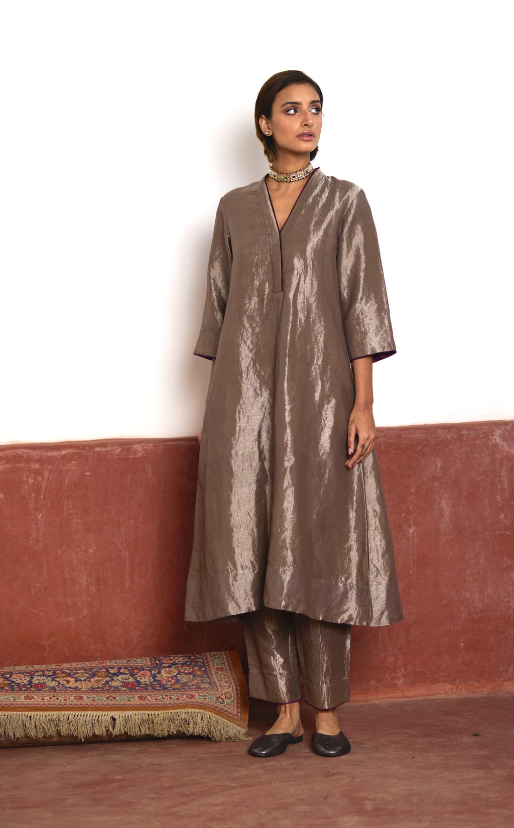 Long Sashiko Kurta in Silver Tissue with Silver Pant