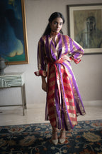 Ayesha Dress in Chanderi Stripe with Red Satin Slip