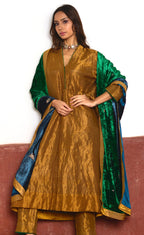 Long Sashiko Kurta in Gold Tissue with Gold Pant