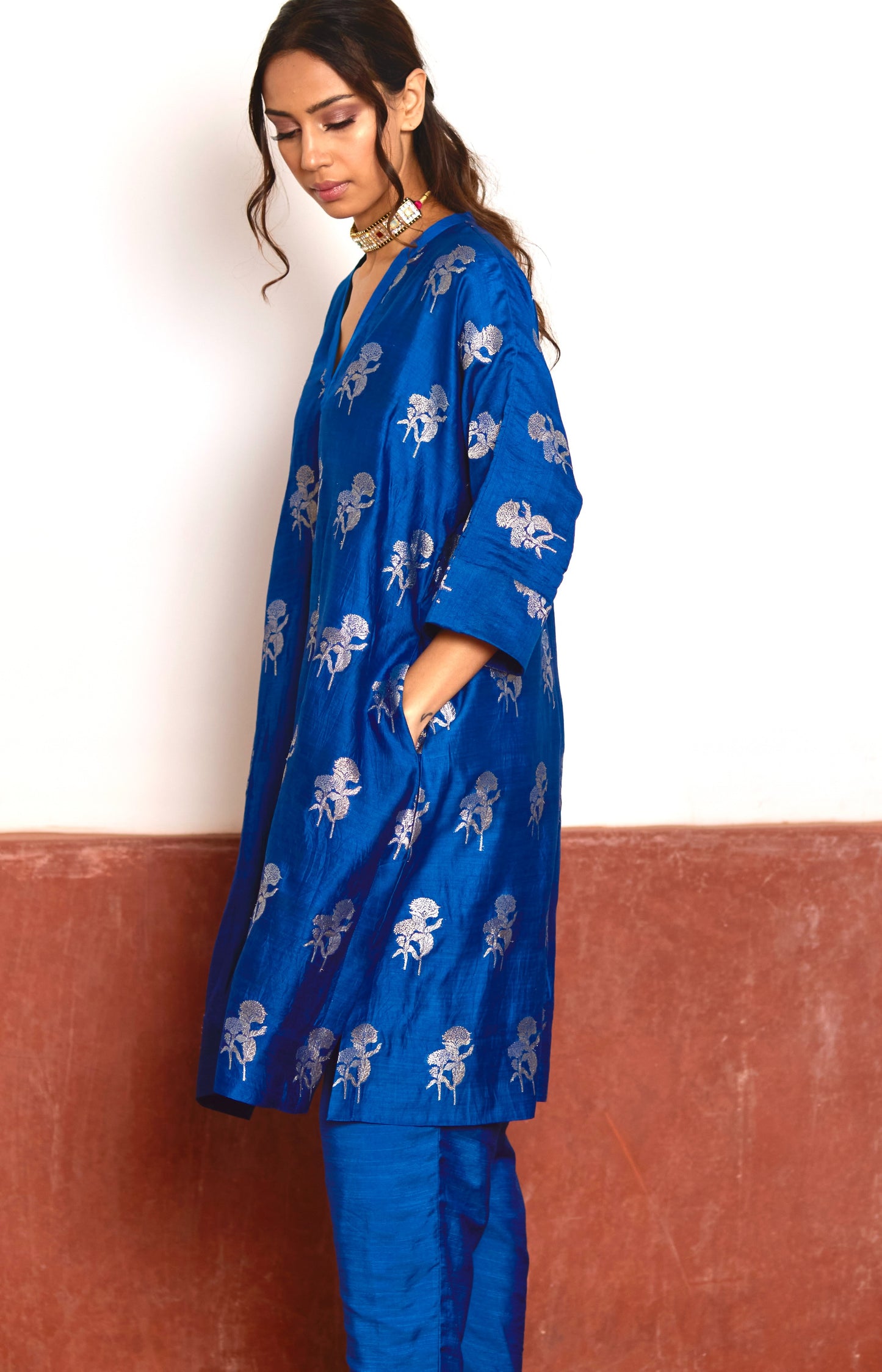 Shahi Kaftan in Blue Brocade with Blue Pant