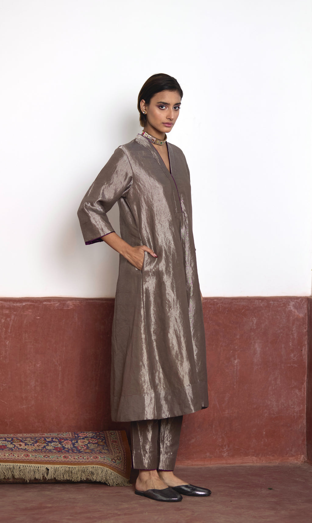 Long Sashiko Kurta in Silver Tissue with Silver Pant