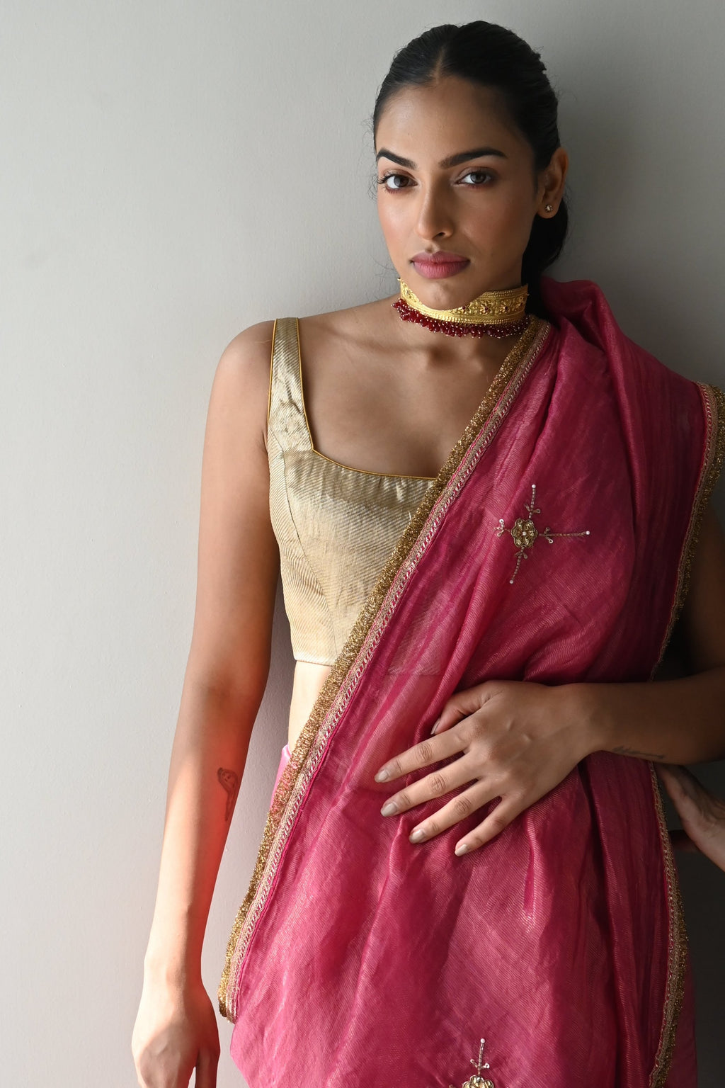 Maanvi Padded Blouse in Gold Brocade Tissue