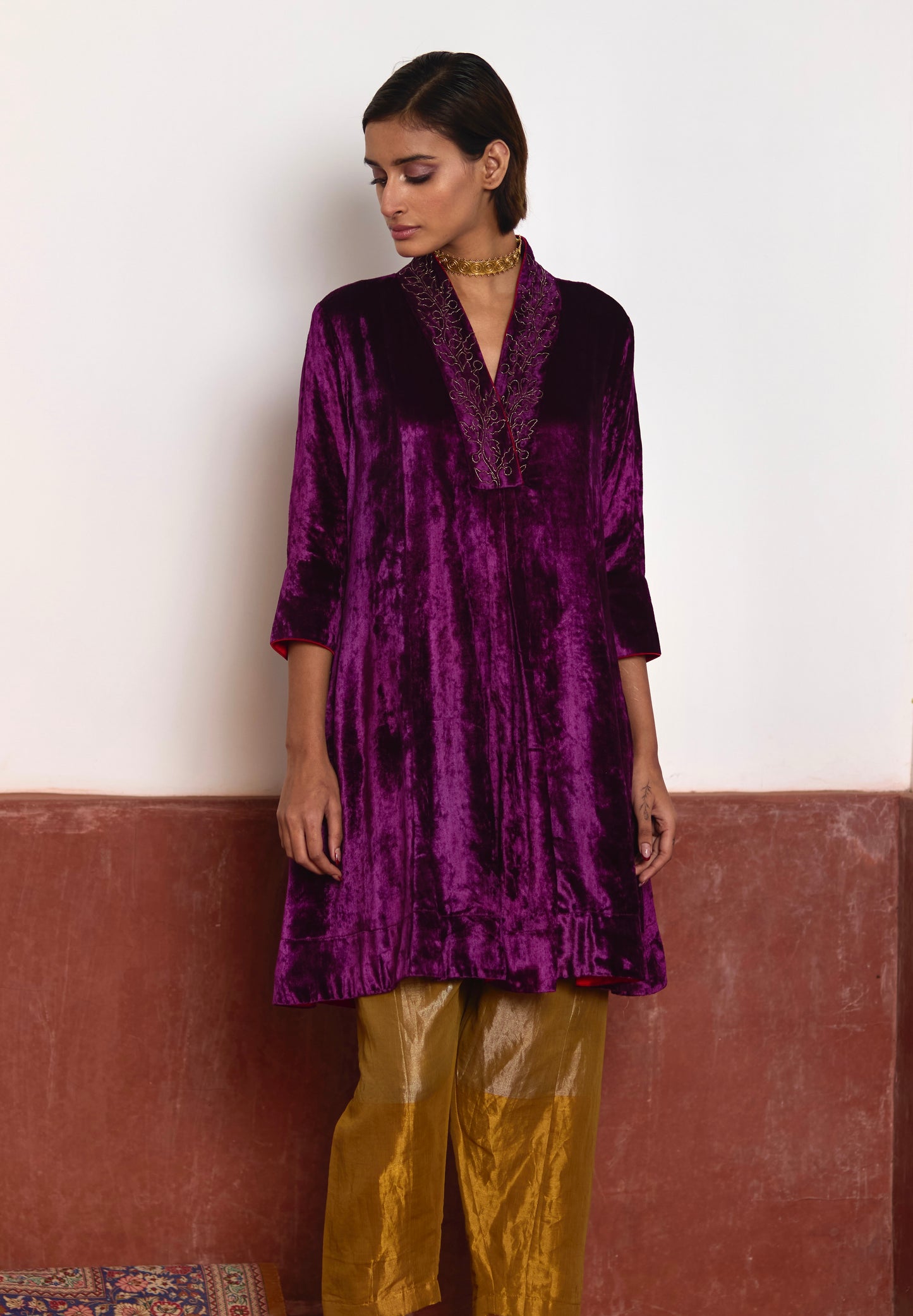 Short Sashiko in Purple Velvet with Tissue Salwar