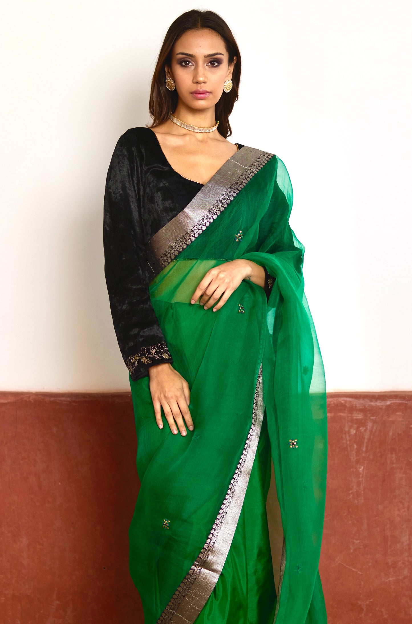 Saree in Green Silk Organza with Brocade Border
