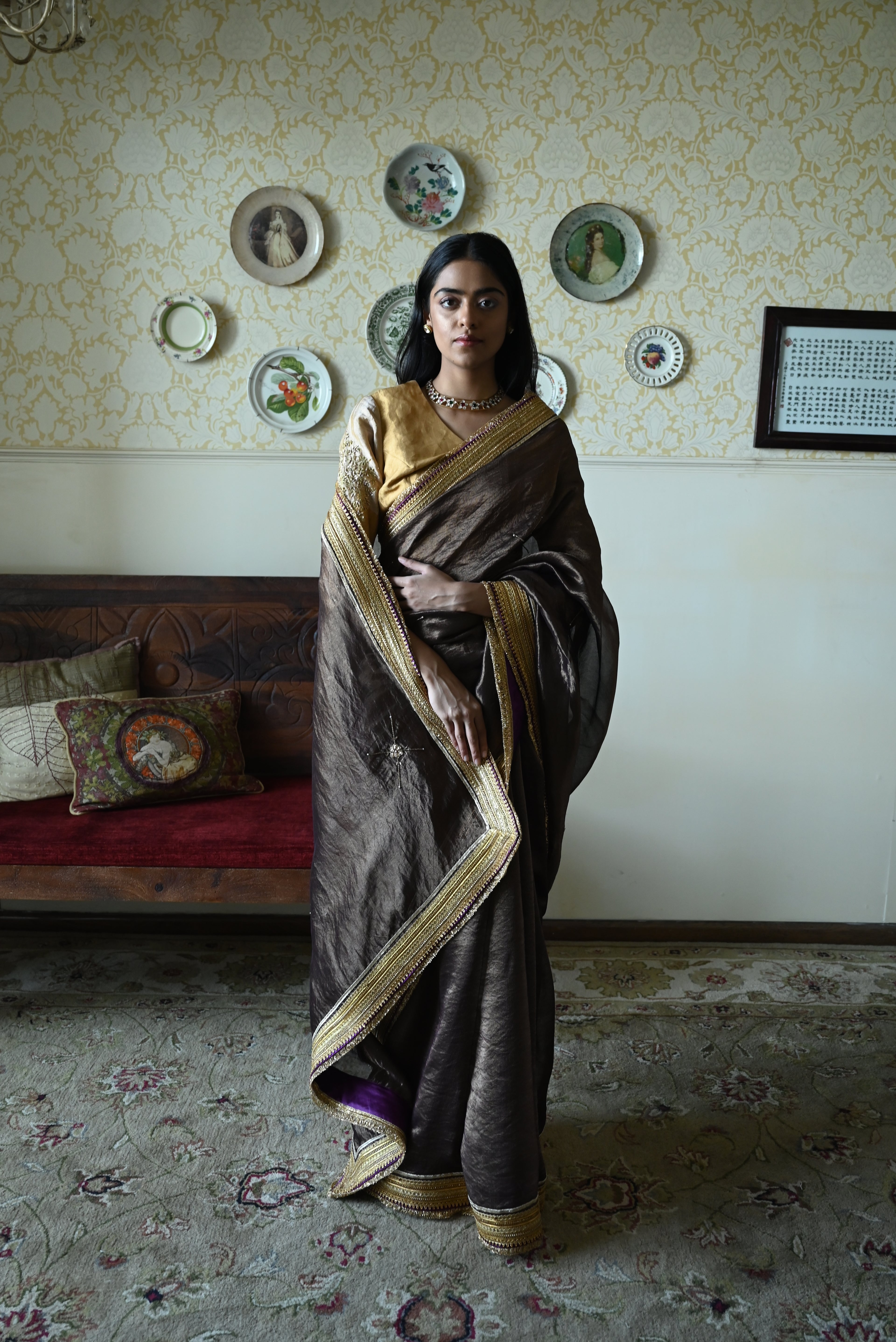 Phuljhari Saree in Brown Pin Stripes