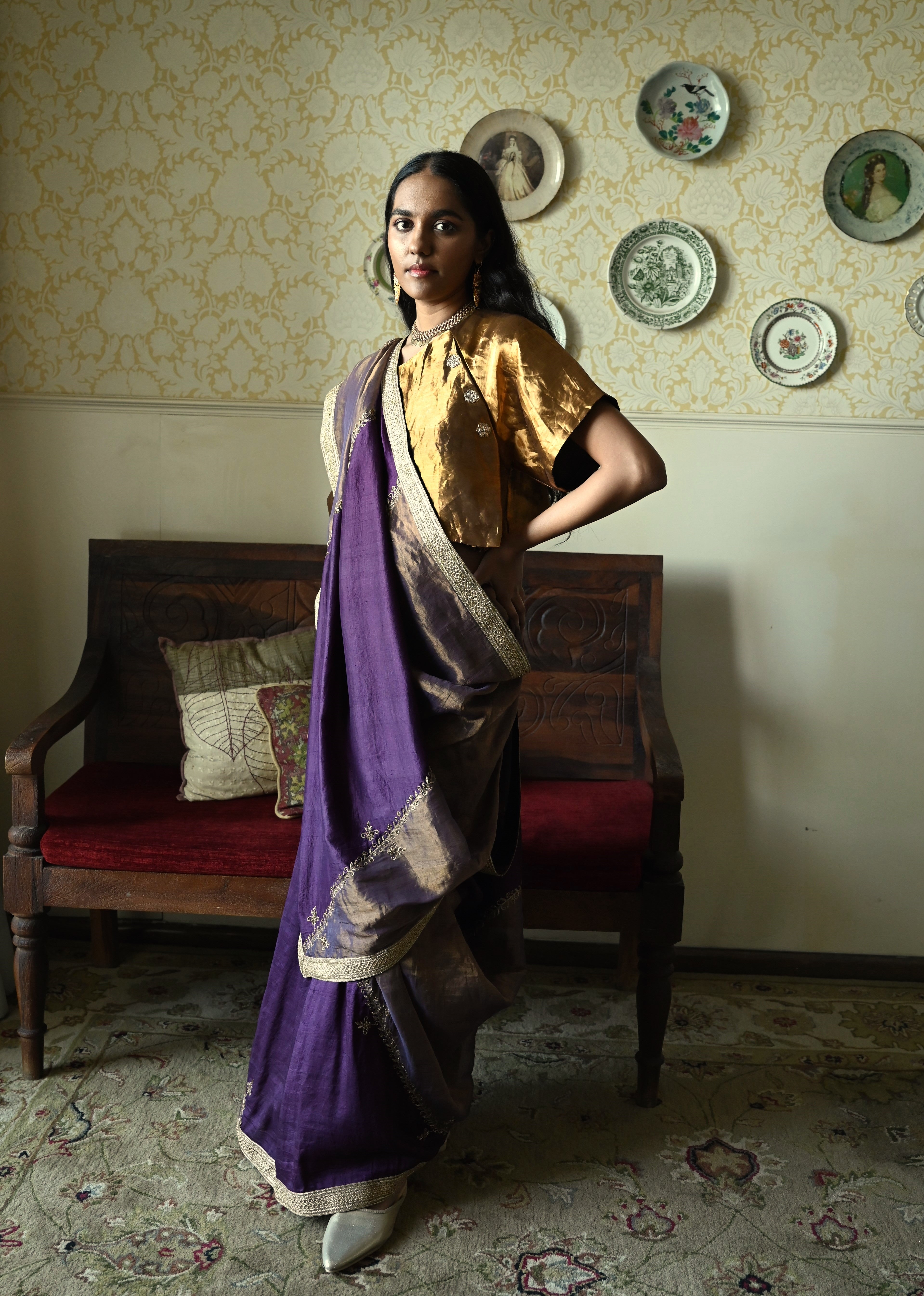 Chinaar Diagonal Saree in Purple Silk and Tissue