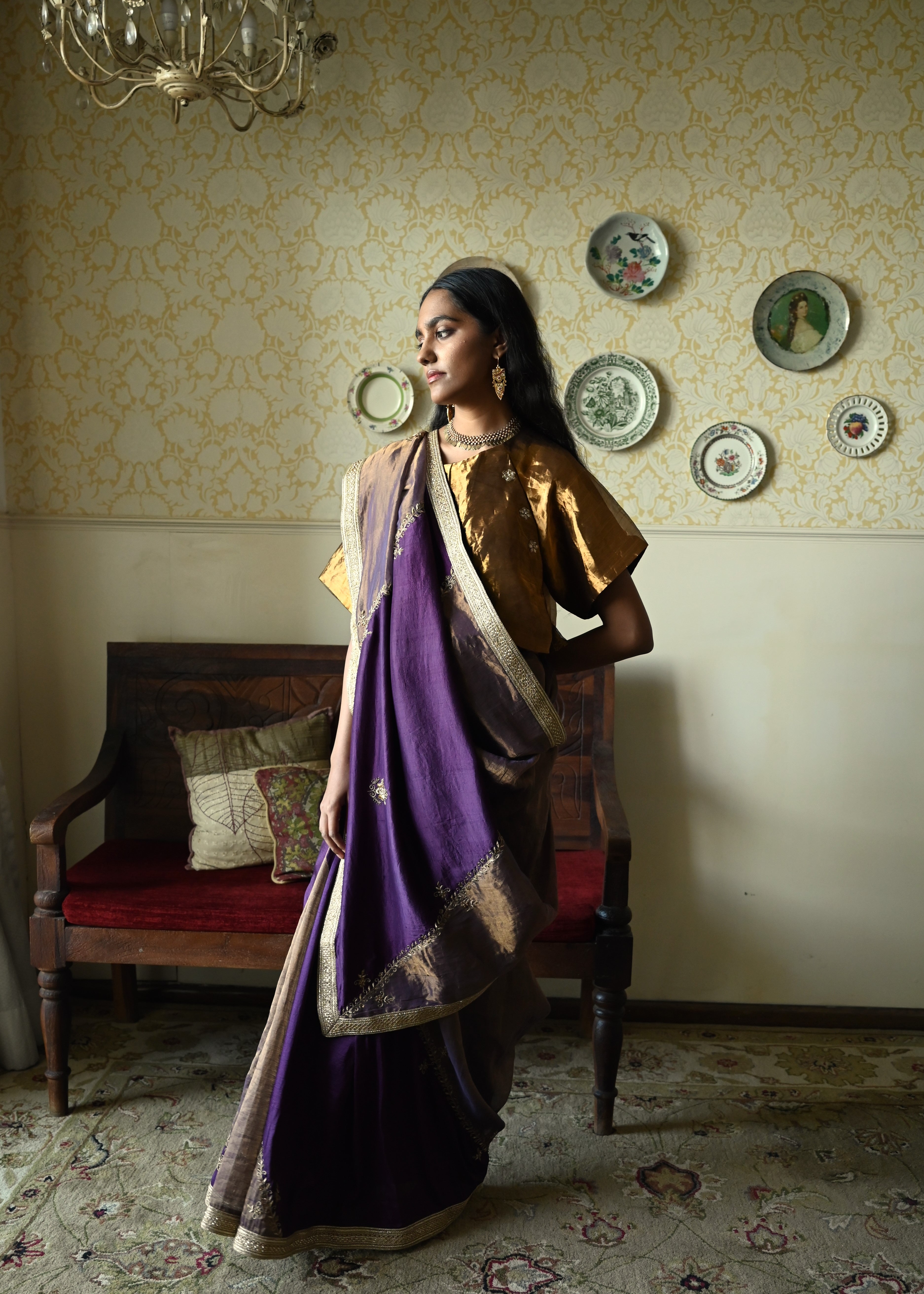 Chinaar Diagonal Saree in Purple Silk and Tissue