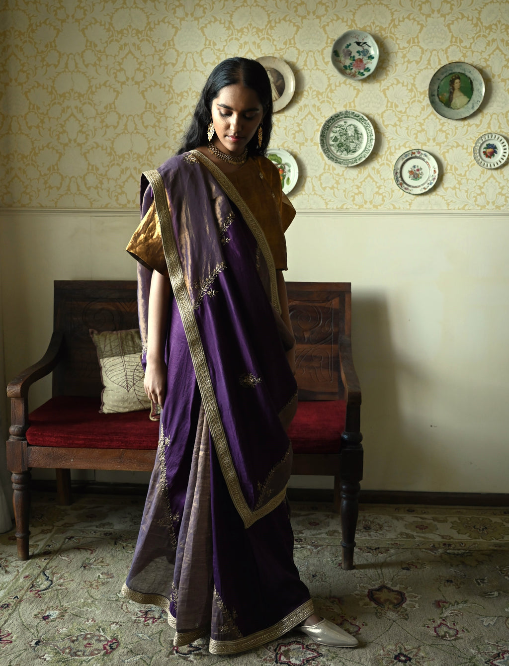 Chinaar Diagonal Saree in Purple Silk and Tissue