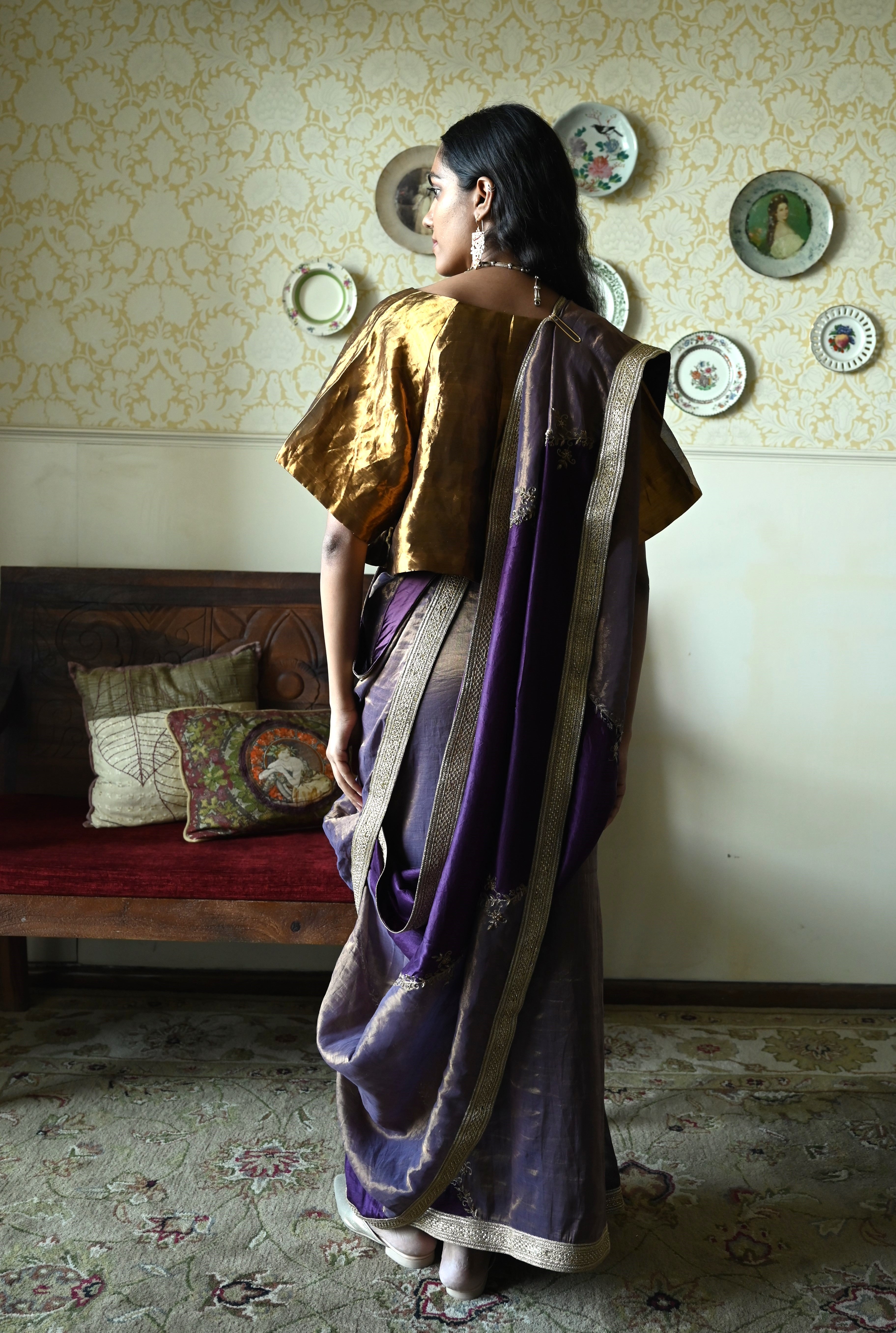 Chinaar Diagonal Saree in Purple Silk and Tissue