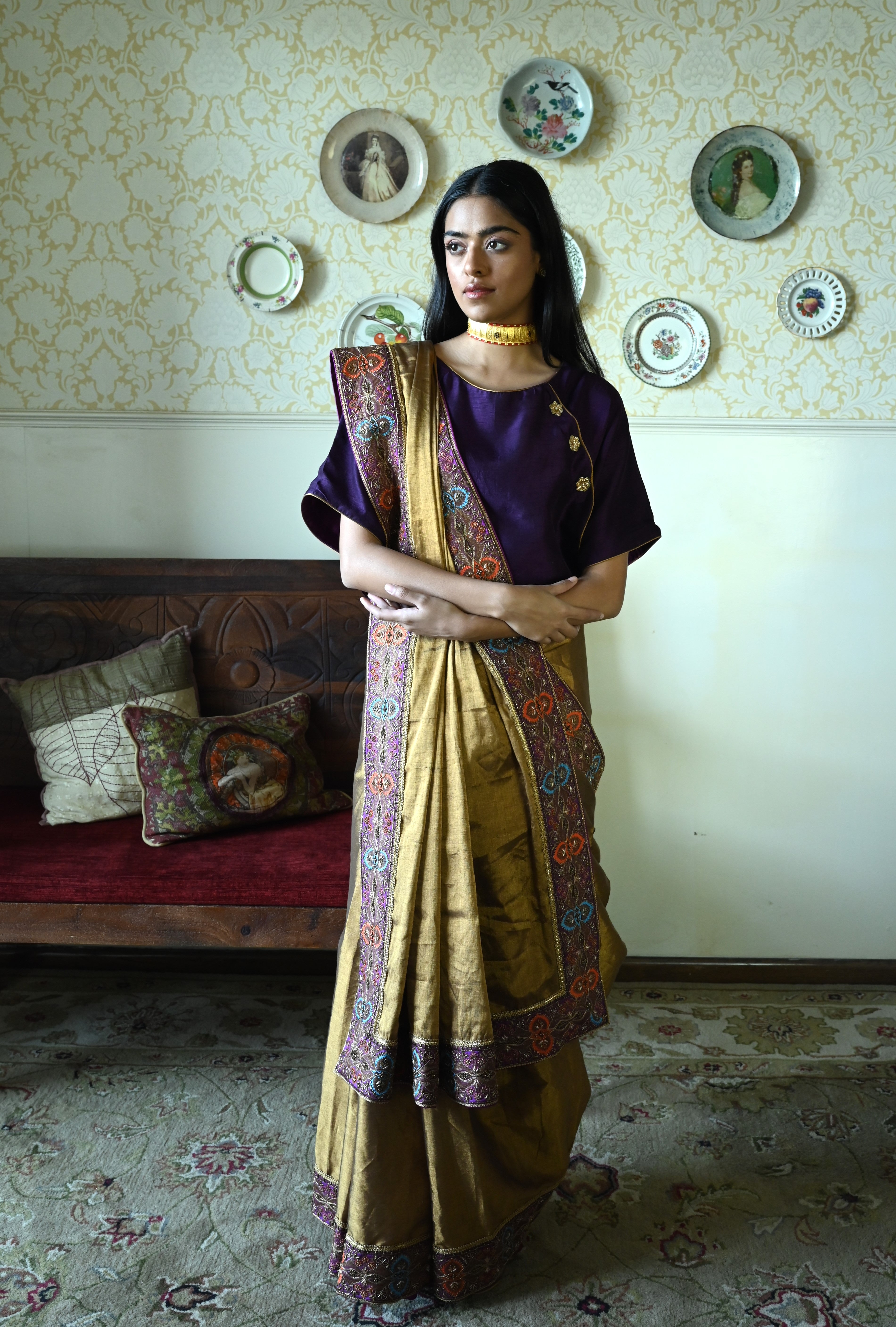 Pitambari Saree in  Khadi Copper Tissue with Brocade Border
