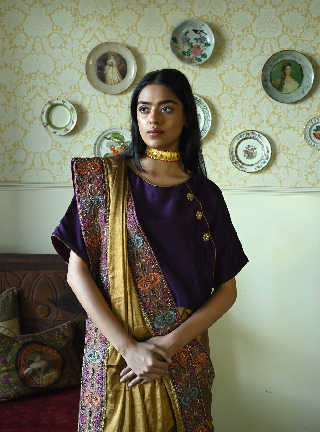 Pitambari Saree in  Khadi Copper Tissue with Brocade Border